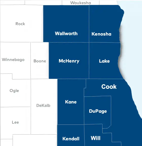 map of Lake County IL, Cook County IL, DuPage County IL.